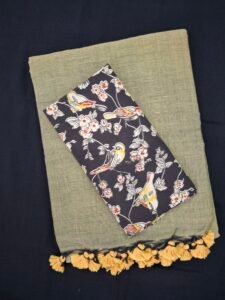 Plain kadhi cotton saree with ikkat blouse