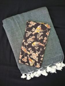 Plain kadhi cotton saree with ikkat blouse